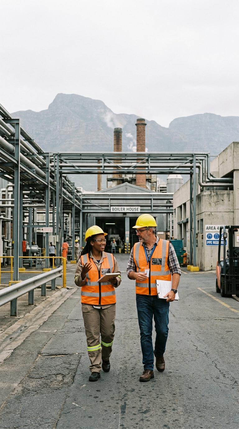 Powerphase engineers walking through a client's boiler plant