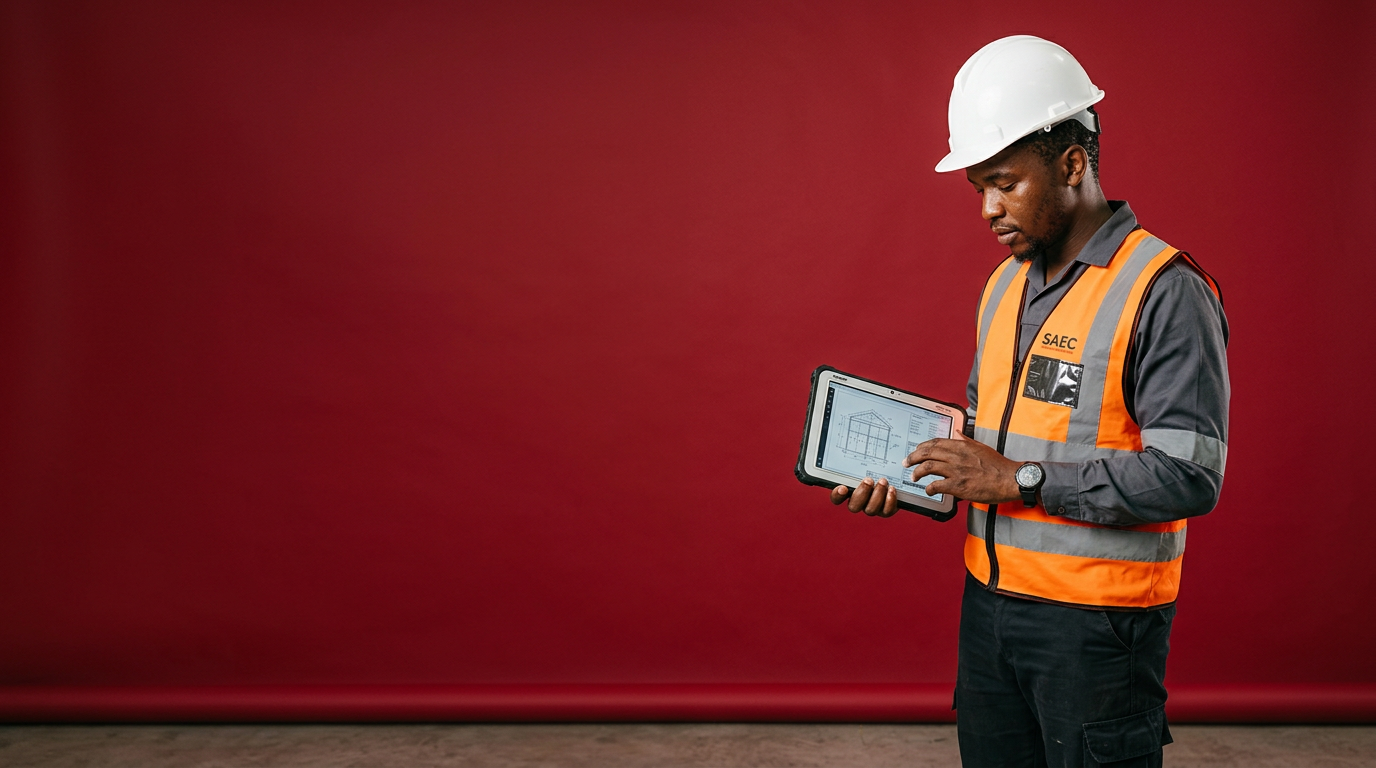 Powerphase engineer in a hard hat reviewing a job on a tablet