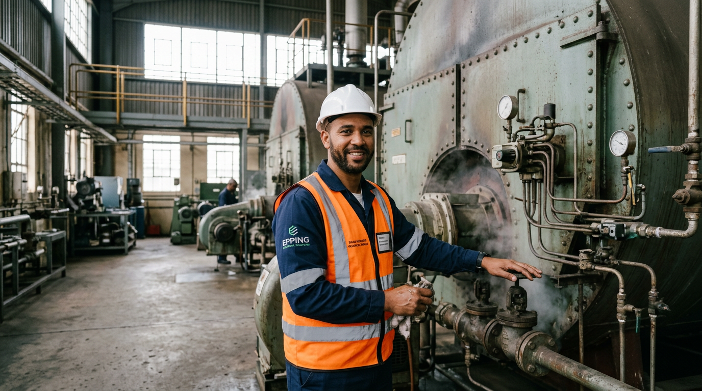 Powerphase engineer inspecting an industrial boiler and burner installation