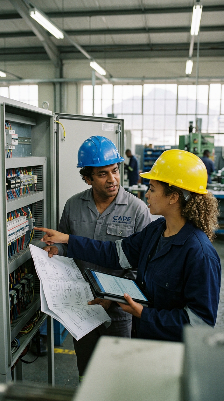 Two engineers reviewing a wiring diagram beside an open control panel