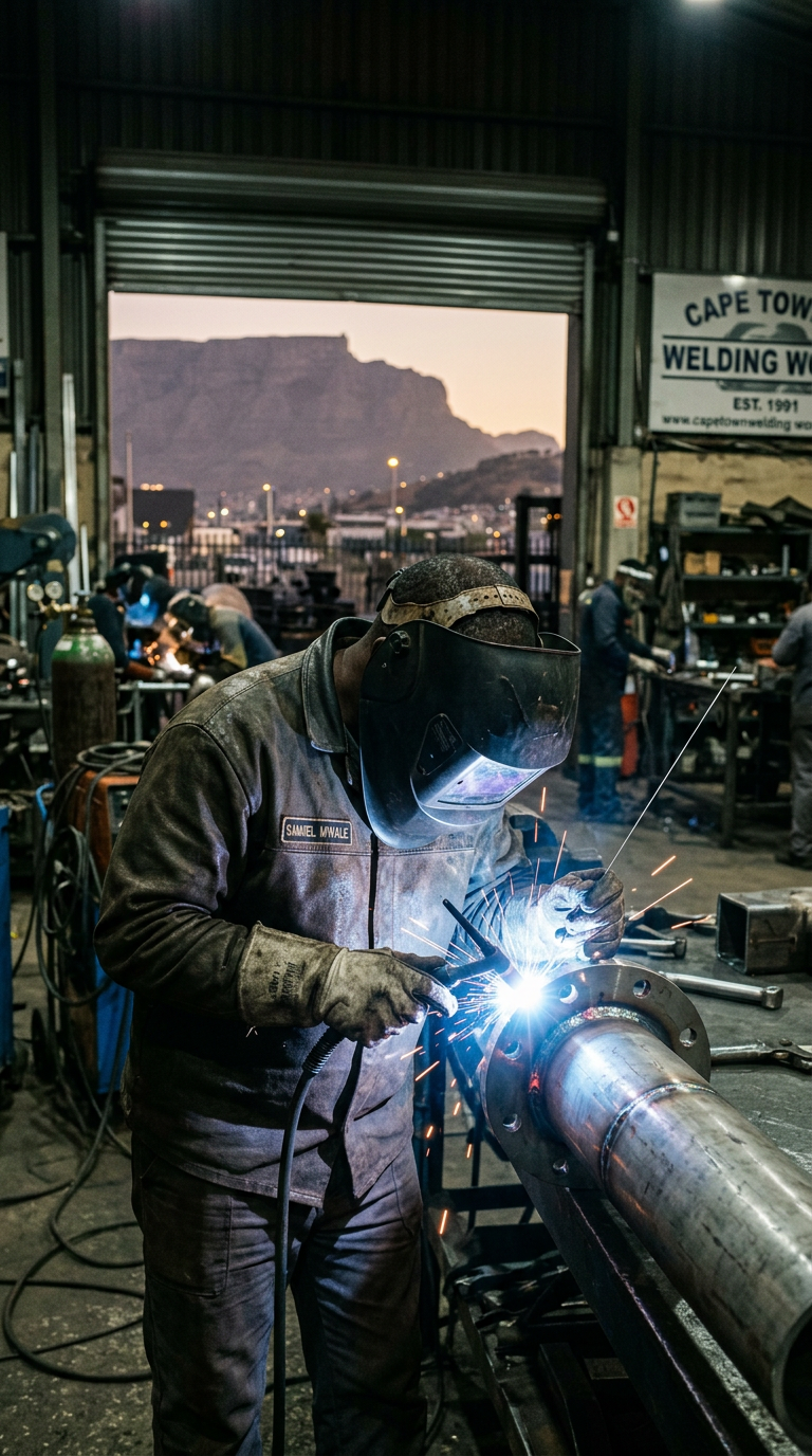 Welder joining a steel boiler pipe section with sparks flying