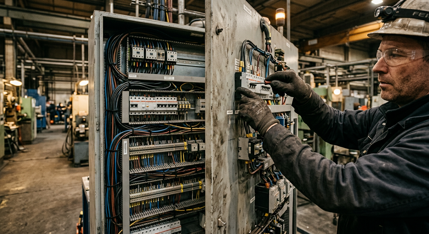 Electrician installing cabling inside an industrial distribution board