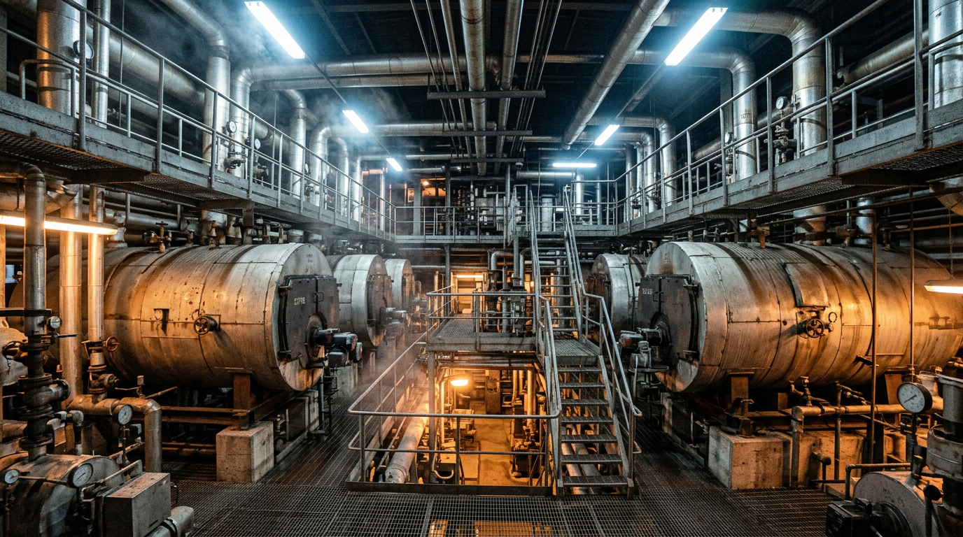 Boiler house with steam boilers and pipework