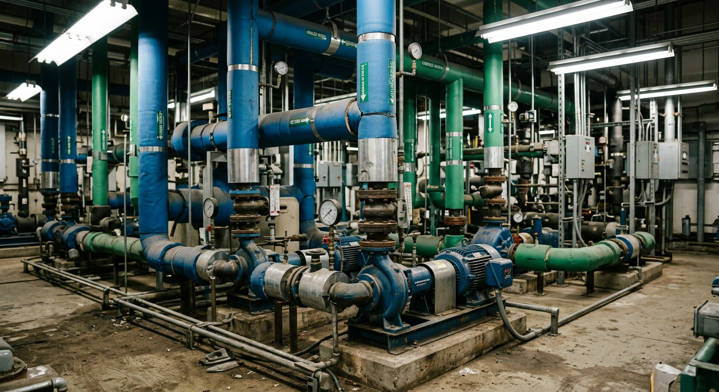 Industrial water chiller plant with insulated pipework
