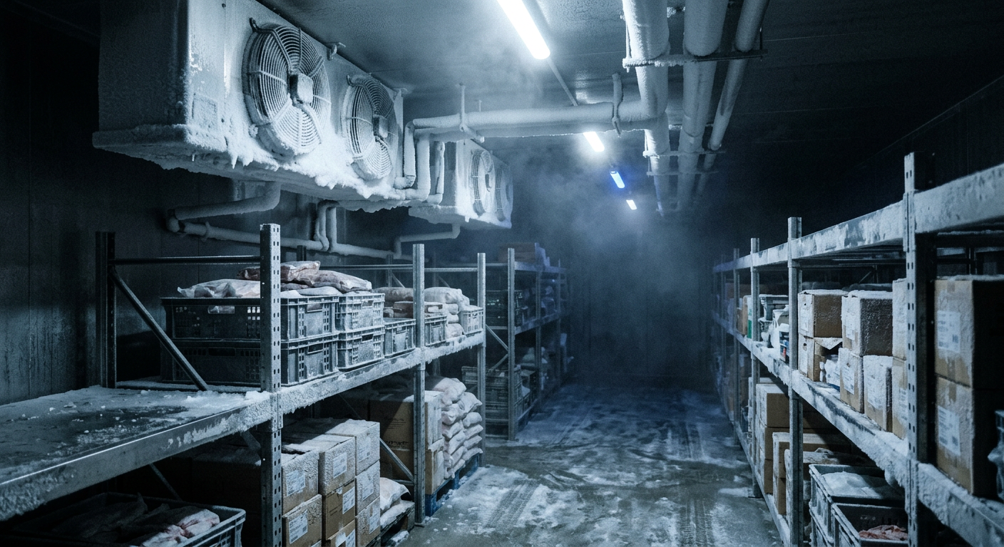 Industrial cold room with frosted evaporator fans