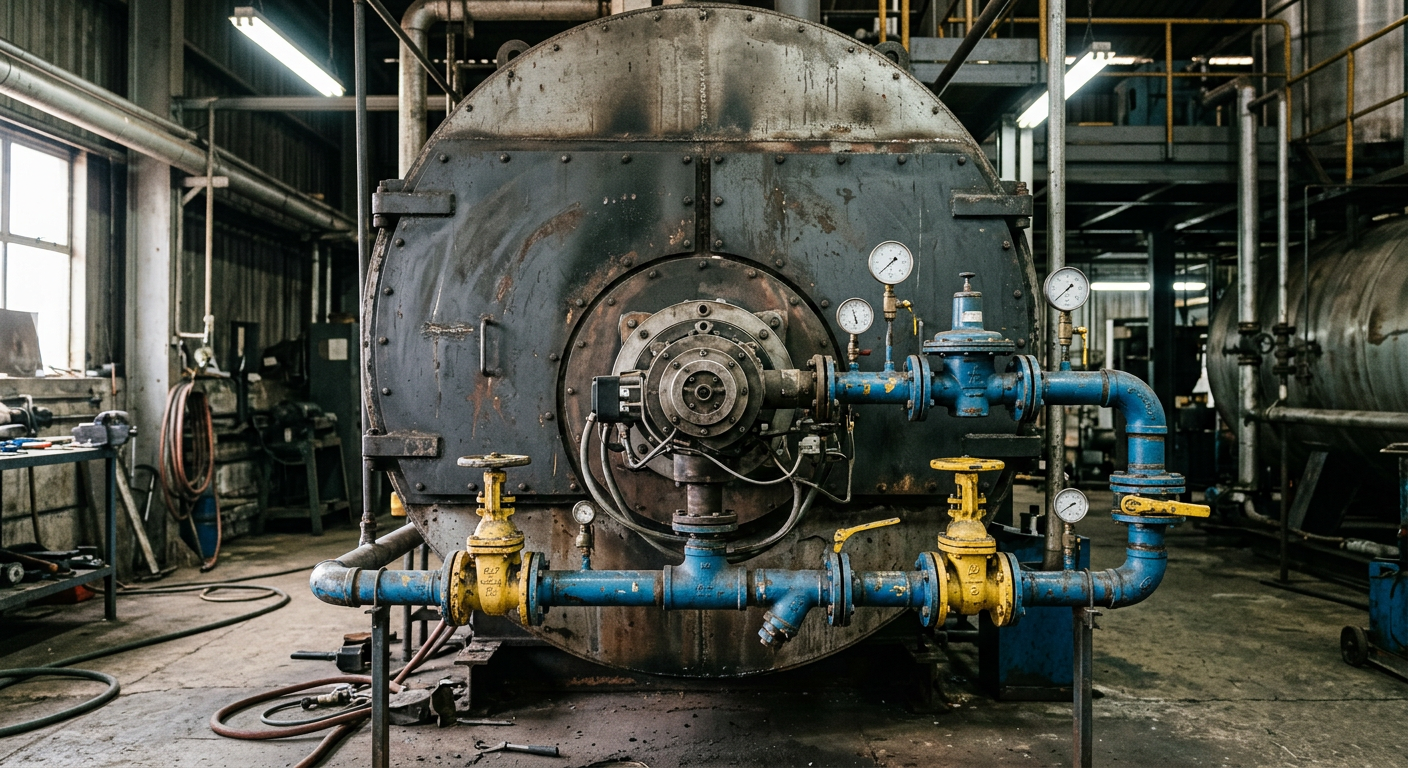 Industrial gas burner with gas train on a boiler