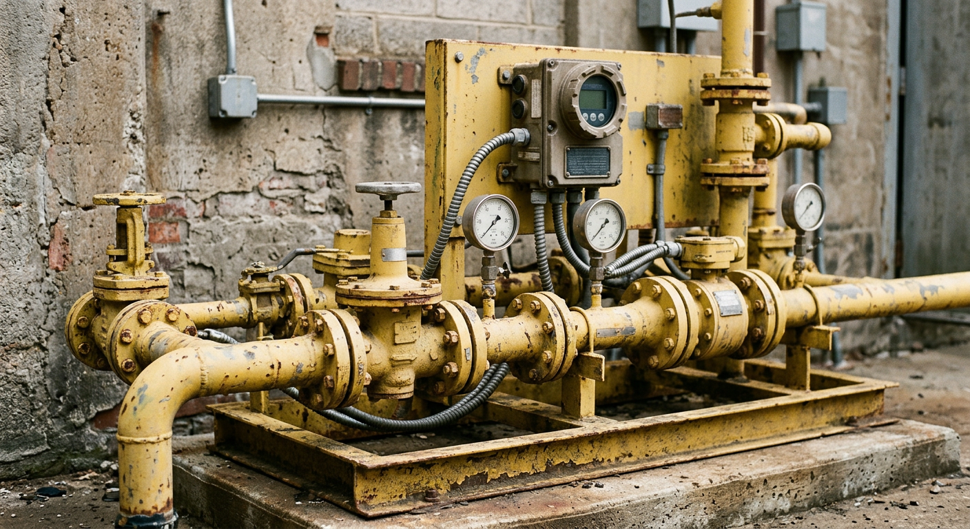 Gas flow meter and regulator skid with yellow pipework