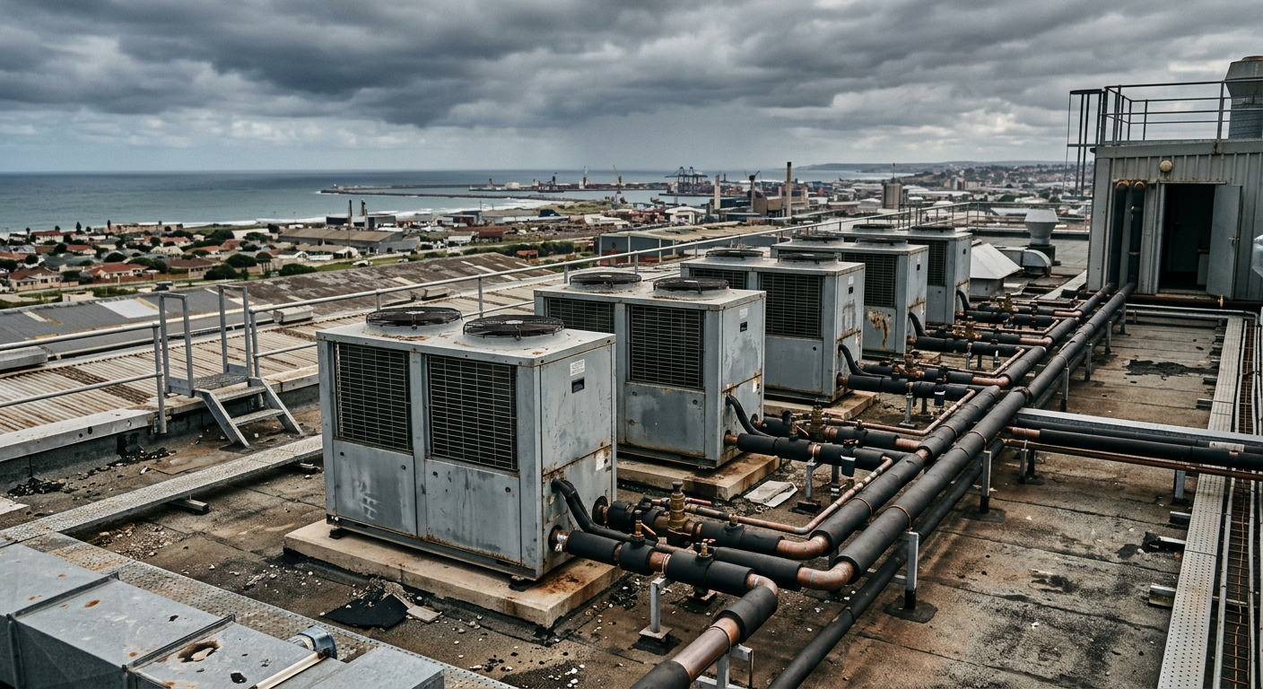 Commercial heat pumps on a factory rooftop