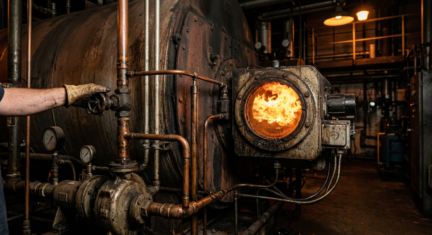 Heavy oil burner with visible flame on an industrial boiler