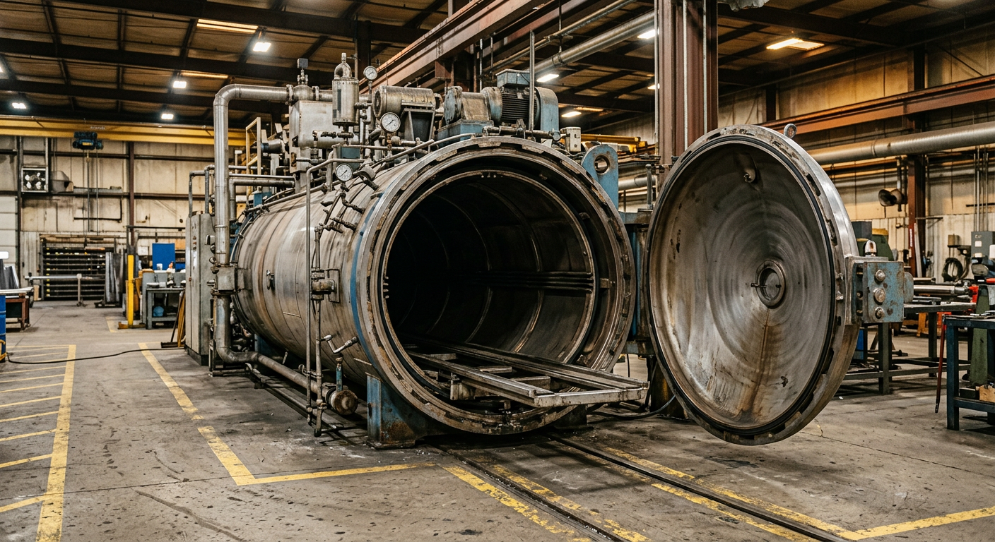 Large industrial autoclave with its pressure door open